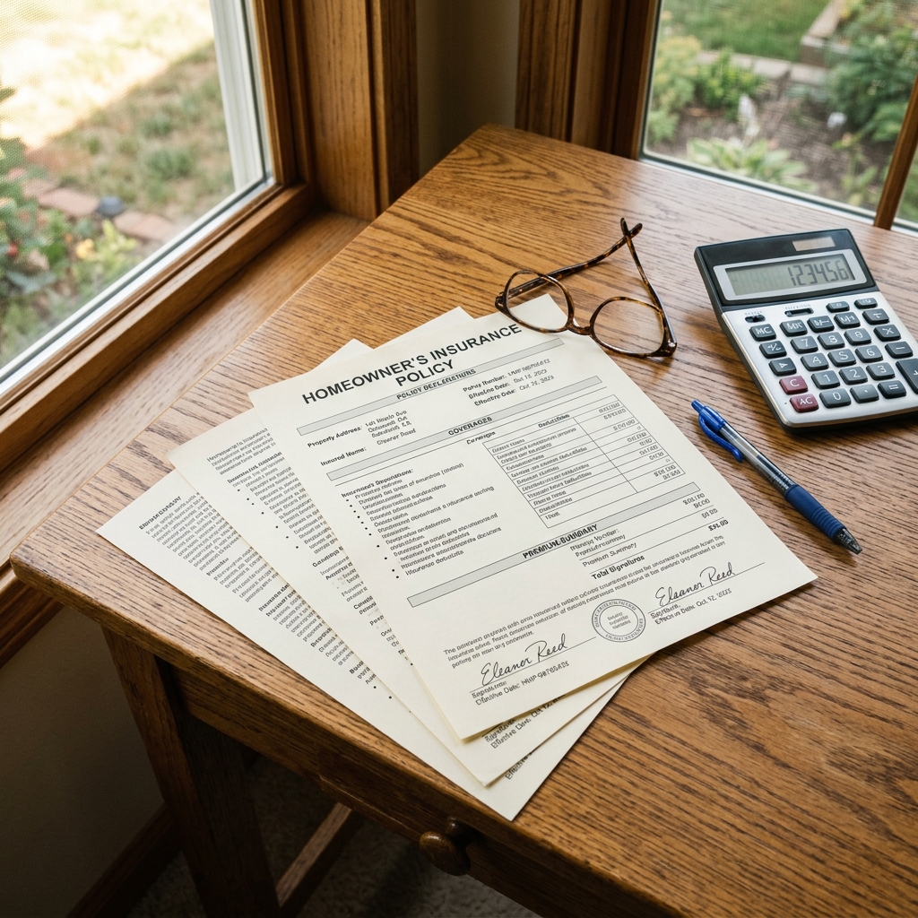 Insurance policy documents on a desk with a calculator for reviewing ACV vs replacement cost coverage
