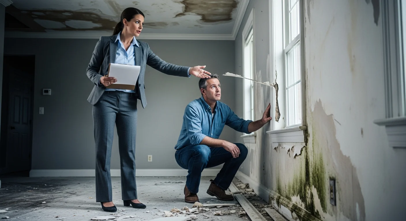 Insurance adjuster walking through a water-damaged room with a homeowner during the claim inspection