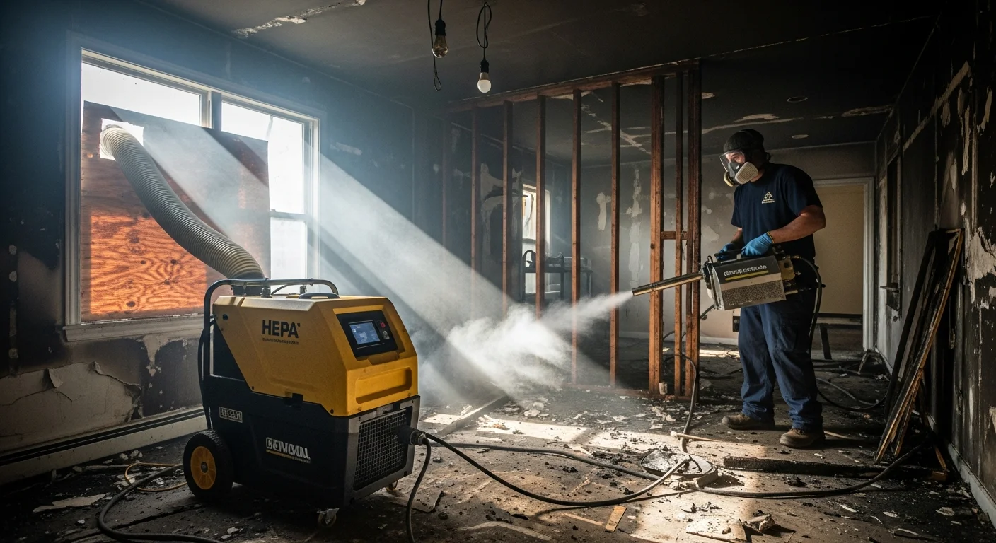 Industrial HEPA air scrubber and thermal fogging machine running in a smoke-damaged room