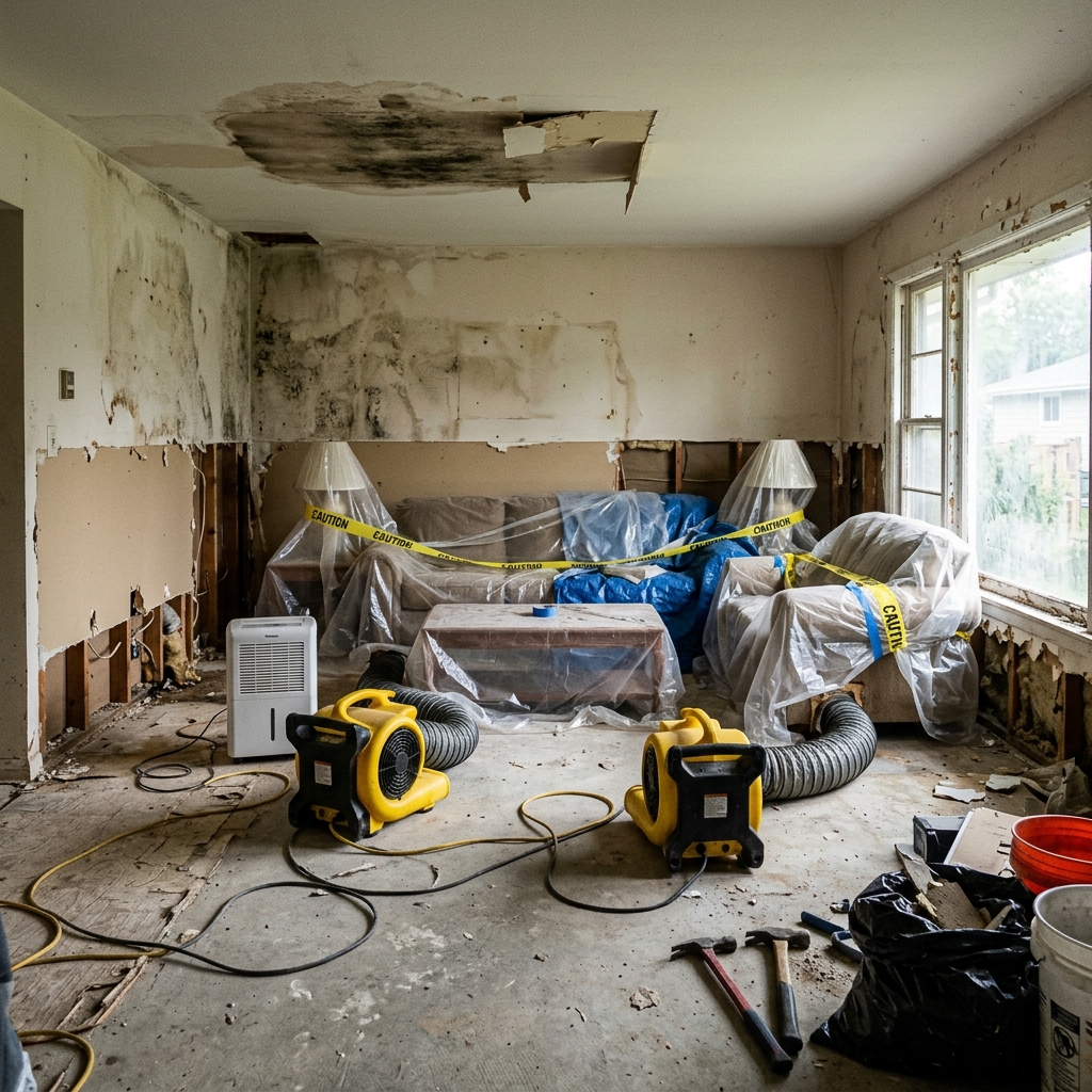 Uninhabitable water-damaged living room with industrial drying equipment during restoration