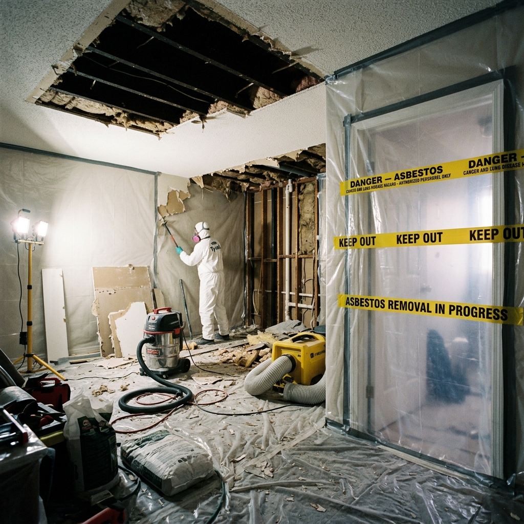 Residential room sealed with plastic sheeting for asbestos abatement containment during restoration
