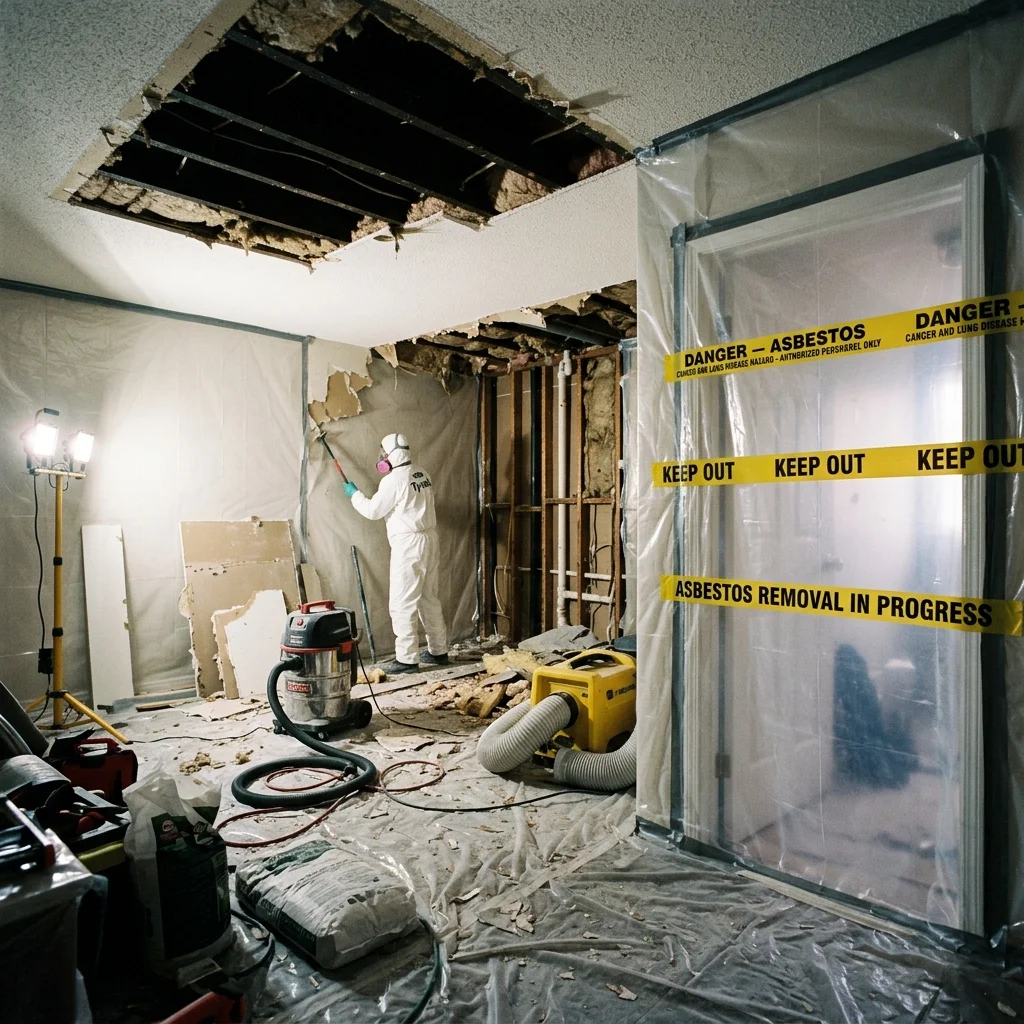 Residential room sealed with plastic sheeting for asbestos abatement containment during restoration