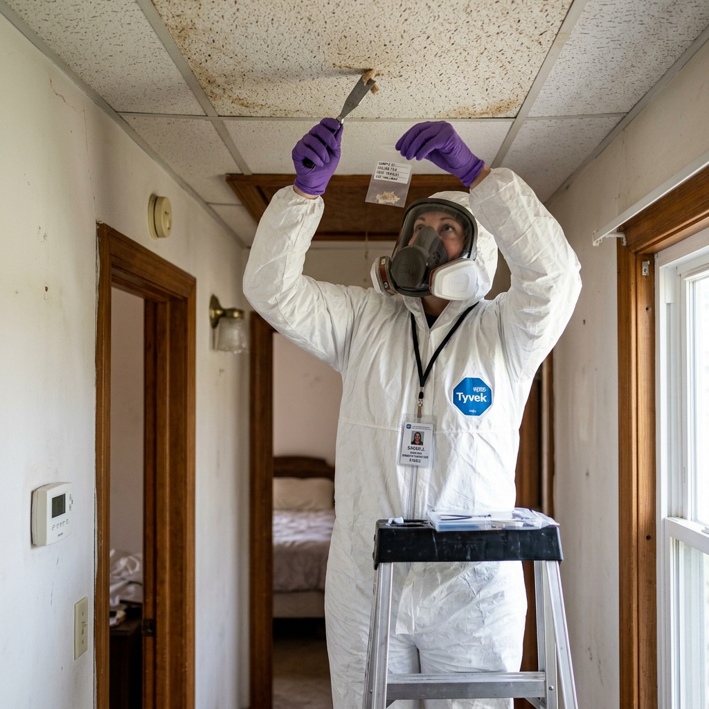 Certified asbestos inspector in protective gear collecting a material sample from a ceiling