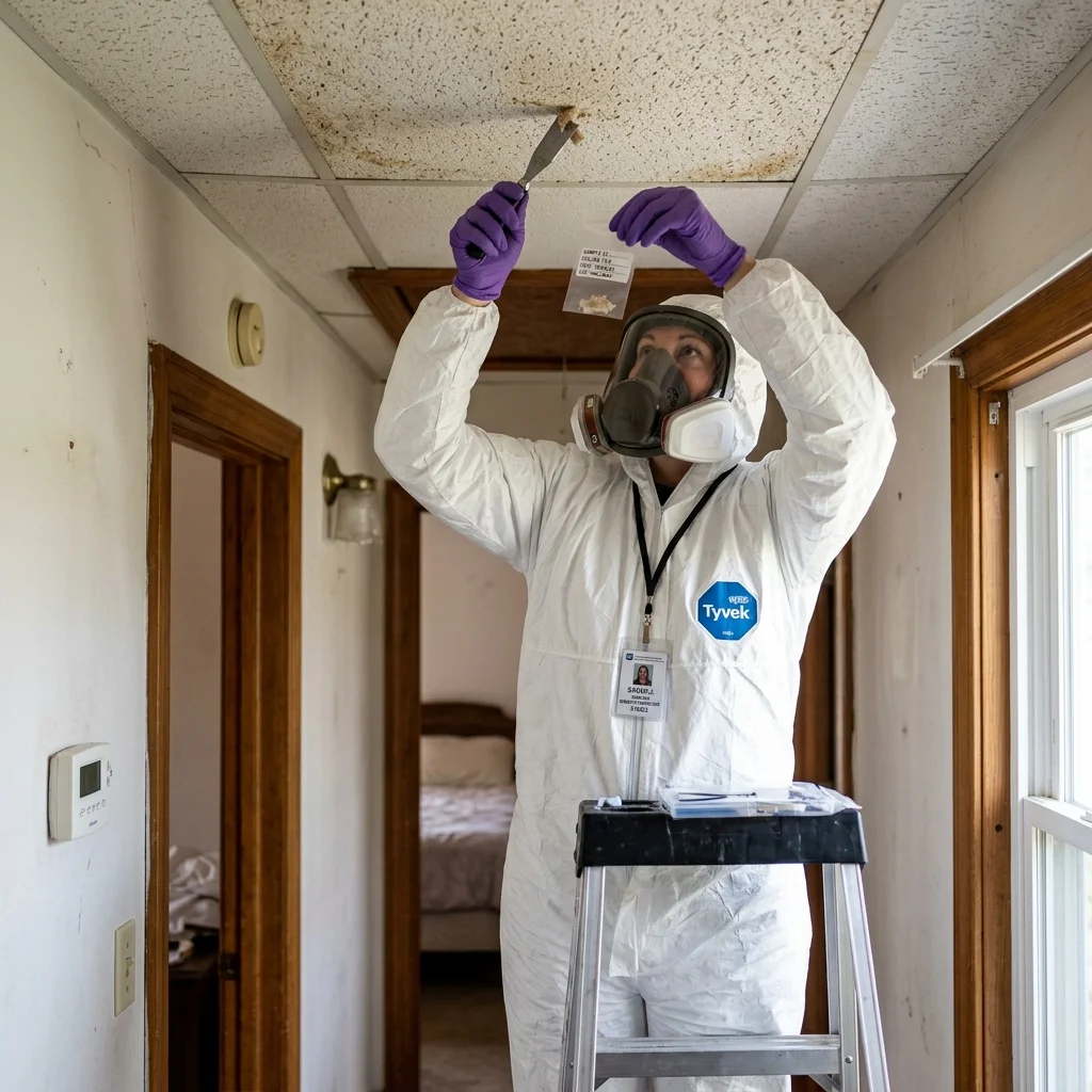 Certified asbestos inspector in protective gear collecting a material sample from a ceiling