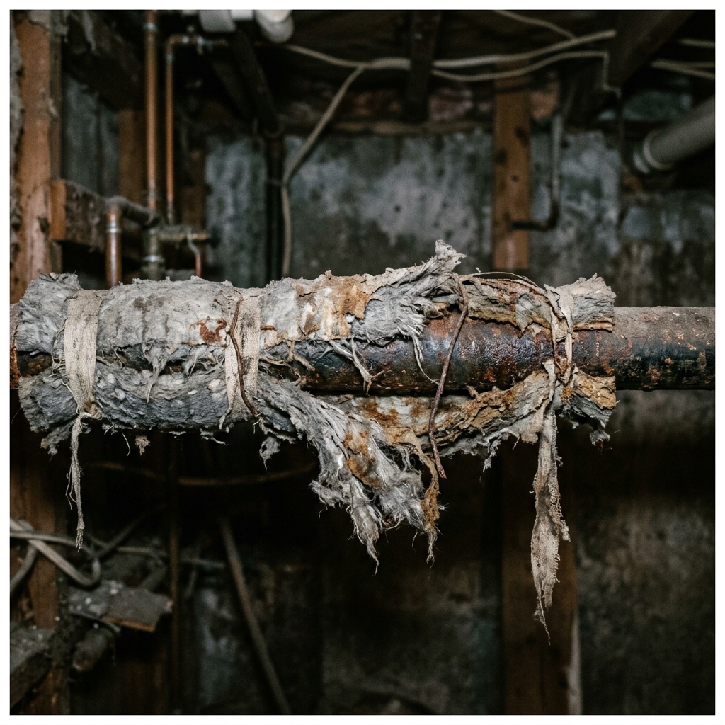 Deteriorating pipe insulation in a pre-1980 basement that may contain asbestos
