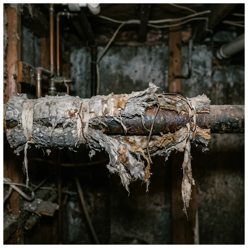 Deteriorating pipe insulation in a pre-1980 basement that may contain asbestos