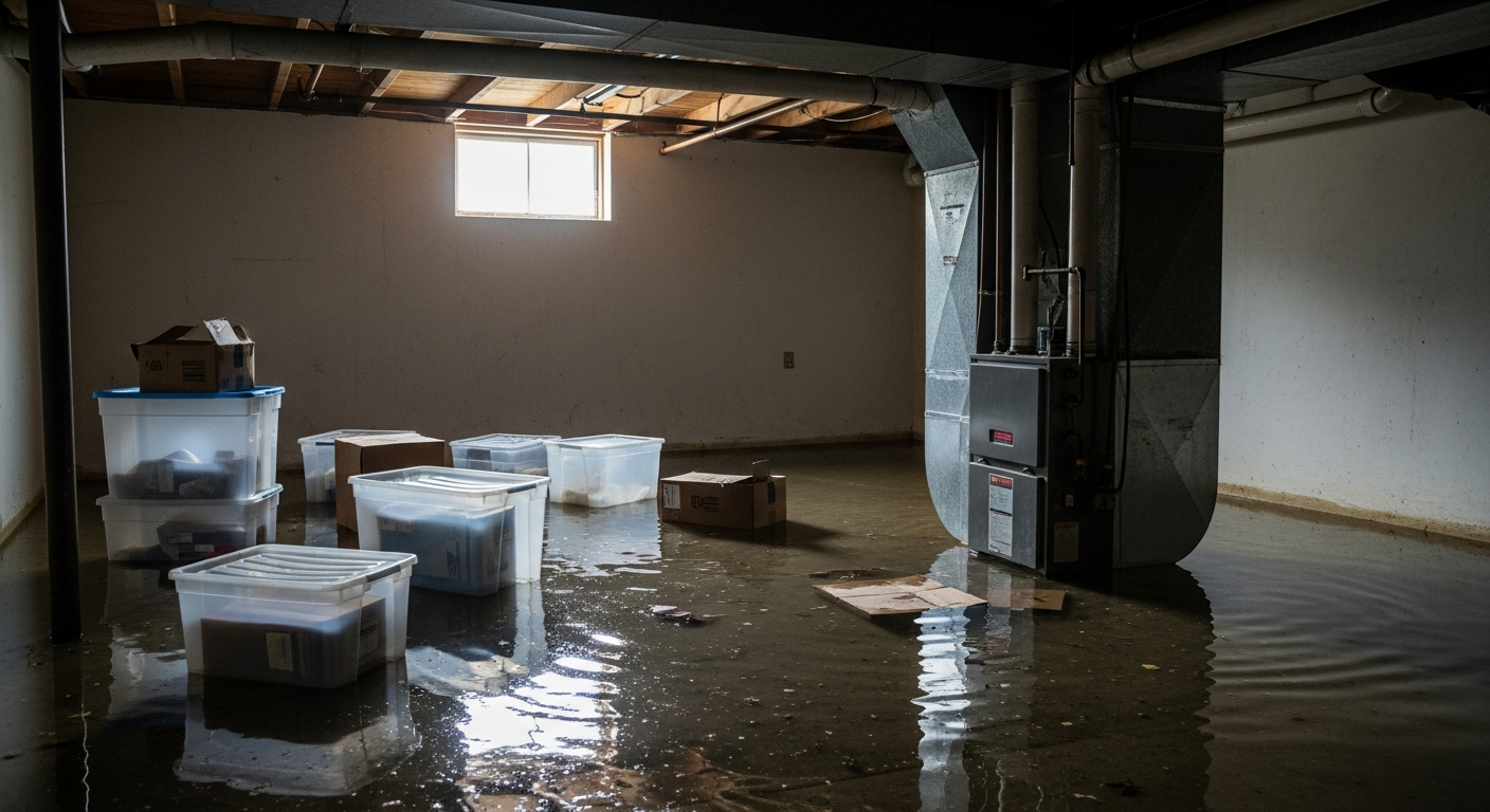 A residential basement with several inches of standing water, daylight from a small window, water visible around storage boxes and a furnace — basement flooding what to do