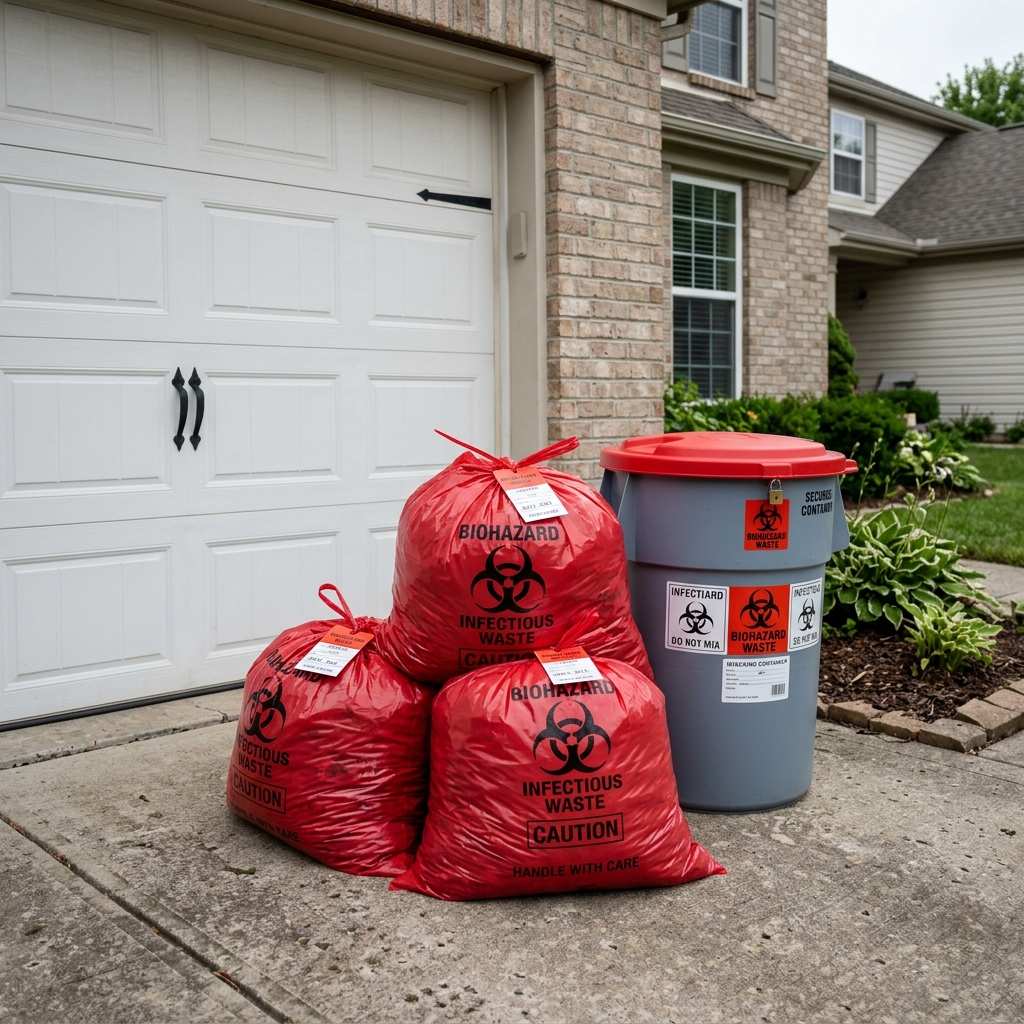 Sealed biohazard waste bags ready for regulated transport and disposal