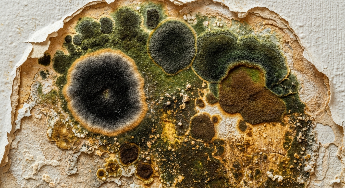 Dark mold growth on water-damaged drywall in a residential setting, close-up showing texture and discoloration, daylight — black mold vs regular mold