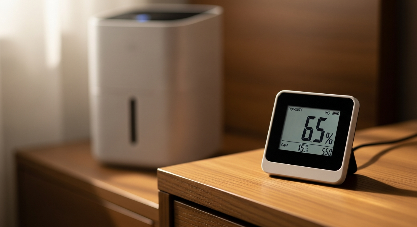 A digital hygrometer displaying humidity reading in a residential setting, with a dehumidifier visible in the background — black mold vs regular mold