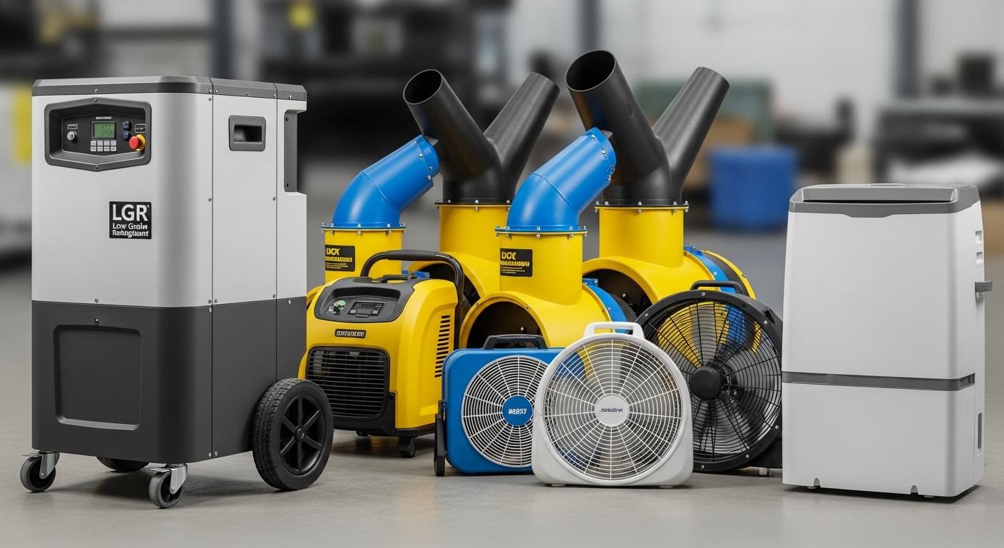 Professional restoration equipment side-by-side with consumer equivalents — industrial LGR dehumidifier next to a small consumer dehumidifier, professional air movers next to box fans, , realistic edi