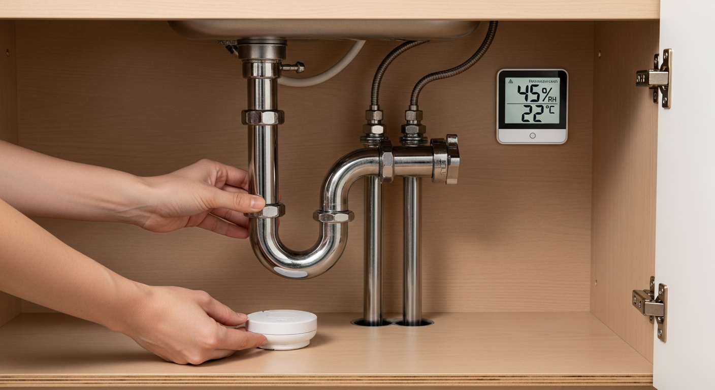 Mold prevention scene — a smart water leak detector being installed under a sink, hygrometer showing healthy humidity levels visible in the background, residential setting — remove mold myself