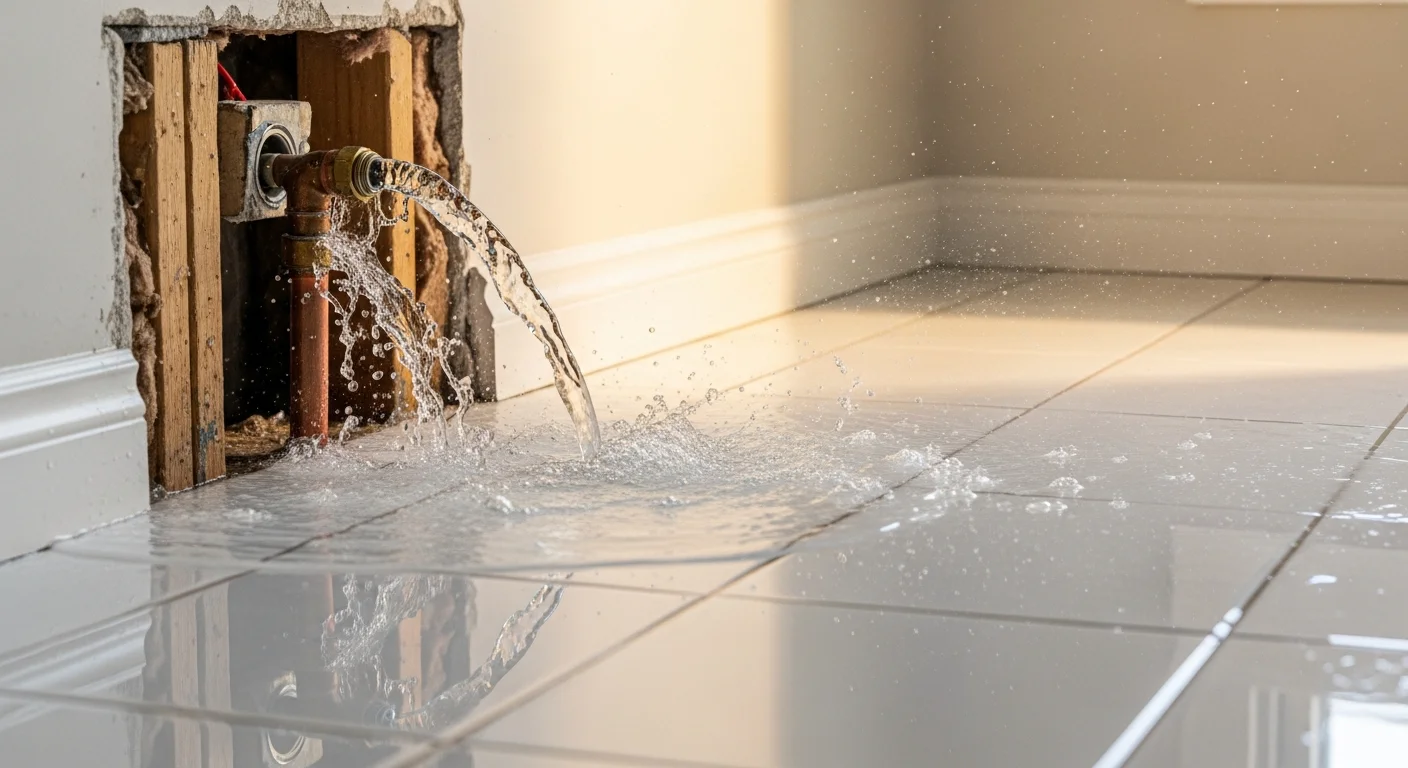 Editorial photo showing clean Category 1 water leak from a burst supply pipe in a residential setting, water on tile floor, recent and contained, daylight — category 1 vs category 2 vs category 3 wate