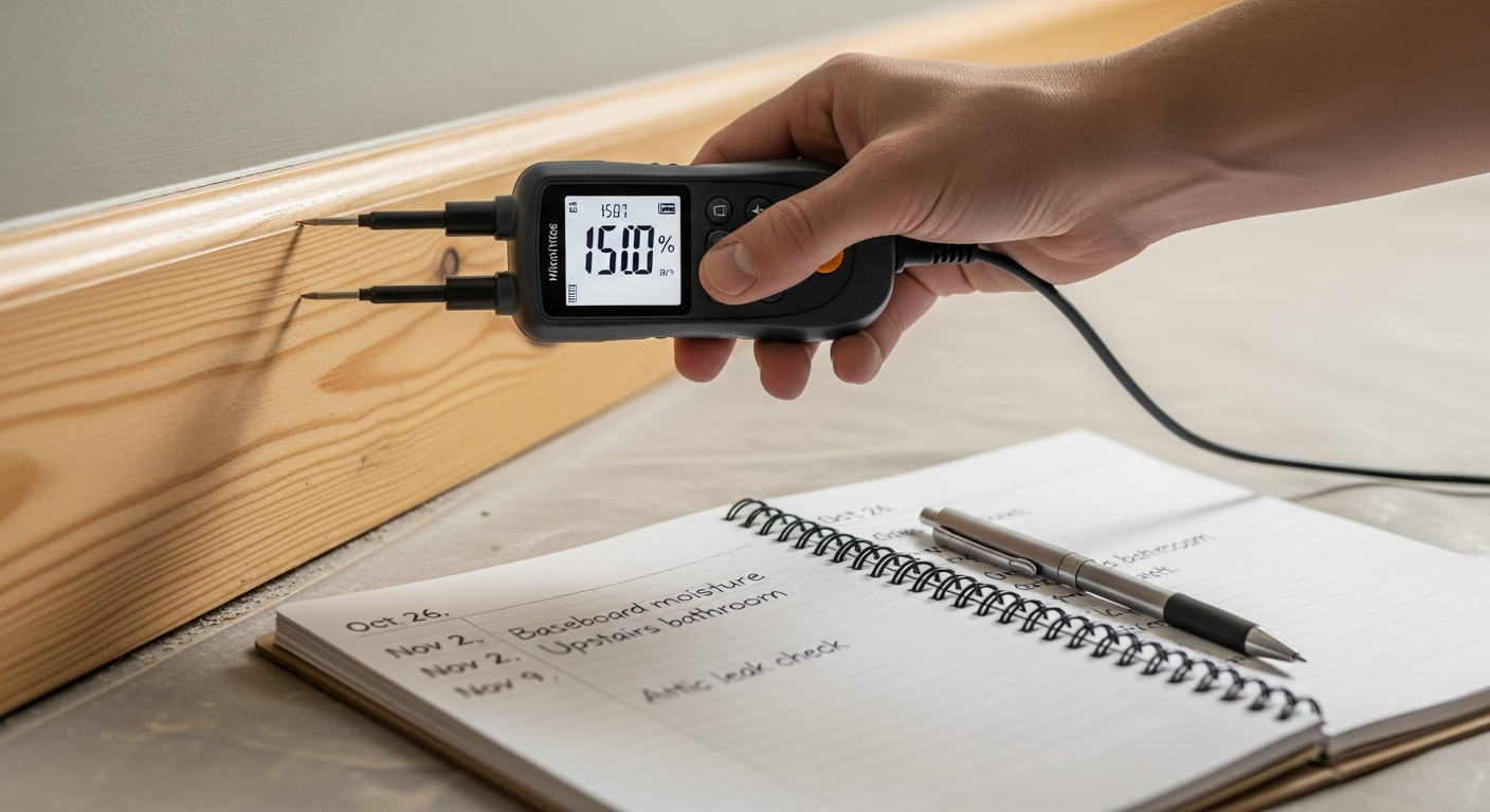 A moisture meter being used on baseboards in a residential setting, with a notepad showing dated observations visible nearby, daylight — category 1 vs category 2 vs category 3 water damage