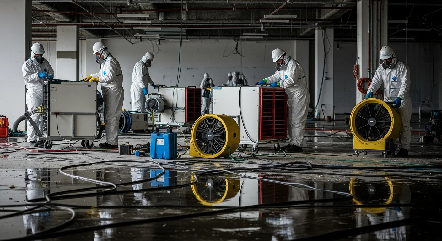 Restoration technicians in protective gear staging dehumidifiers inside a large water-damaged commercial building