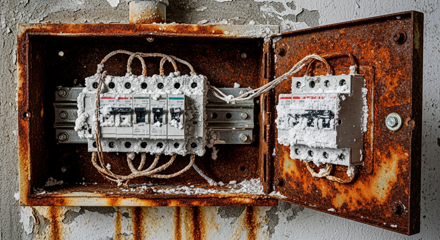 Open residential electrical breaker box showing severe orange rust and white salt corrosion