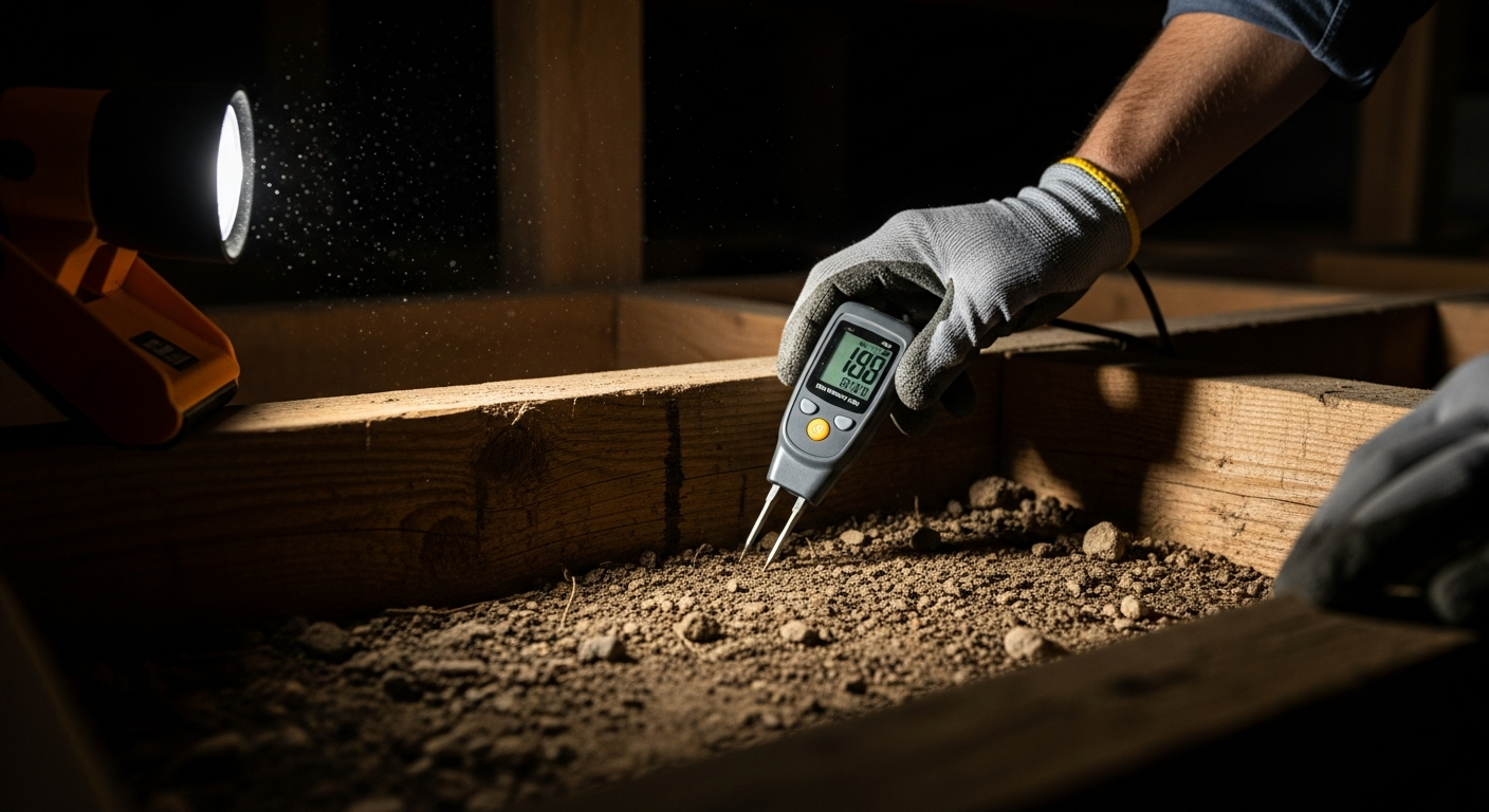 Home inspector using a digital moisture meter on wooden framing inside a dark crawl space