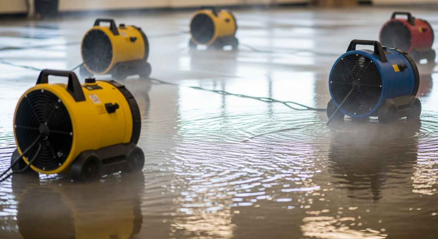 Professional restoration air movers (carpet dryer style, low-profile axial fans) running across wet flooring with directed airflow visible — dehumidifiers vs air movers water damage