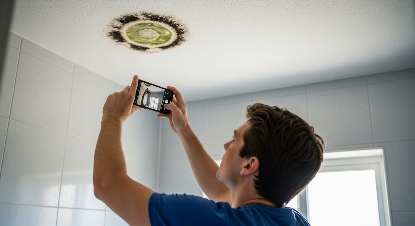 A homeowner photographing a mold patch on a bathroom ceiling with a smartphone for documentation, no actual disturbance visible, daylight — discovered mold in house