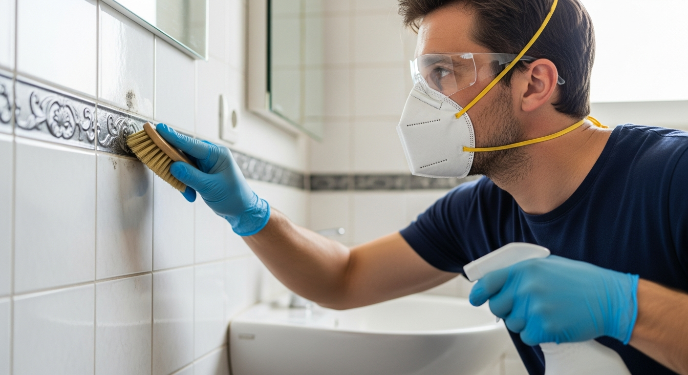 A homeowner in proper PPE (N95, gloves, eye protection) cleaning a small mold patch on bathroom tile, careful focused work, daylight — discovered mold in house