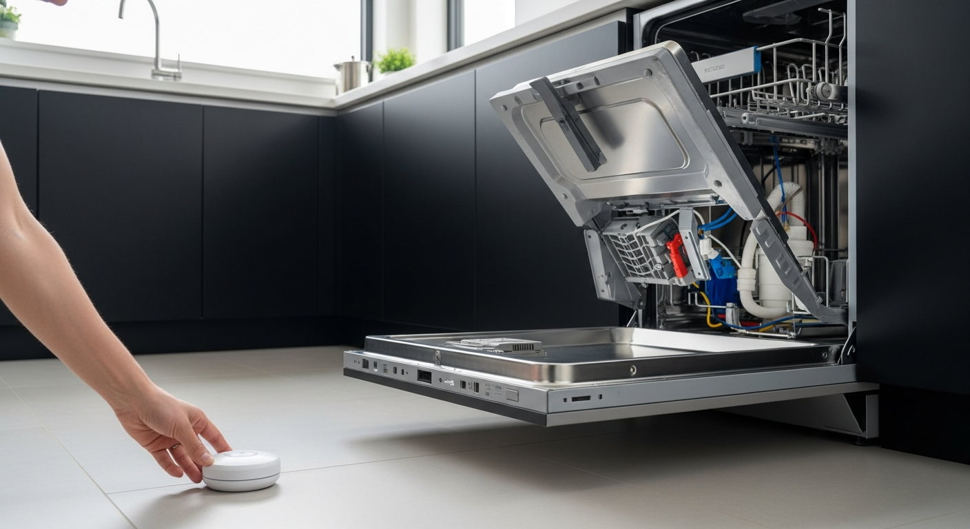 A smart water leak detector being placed under a dishwasher, with the dishwasher pulled out for installation, modern kitchen — dishwasher leak water damage