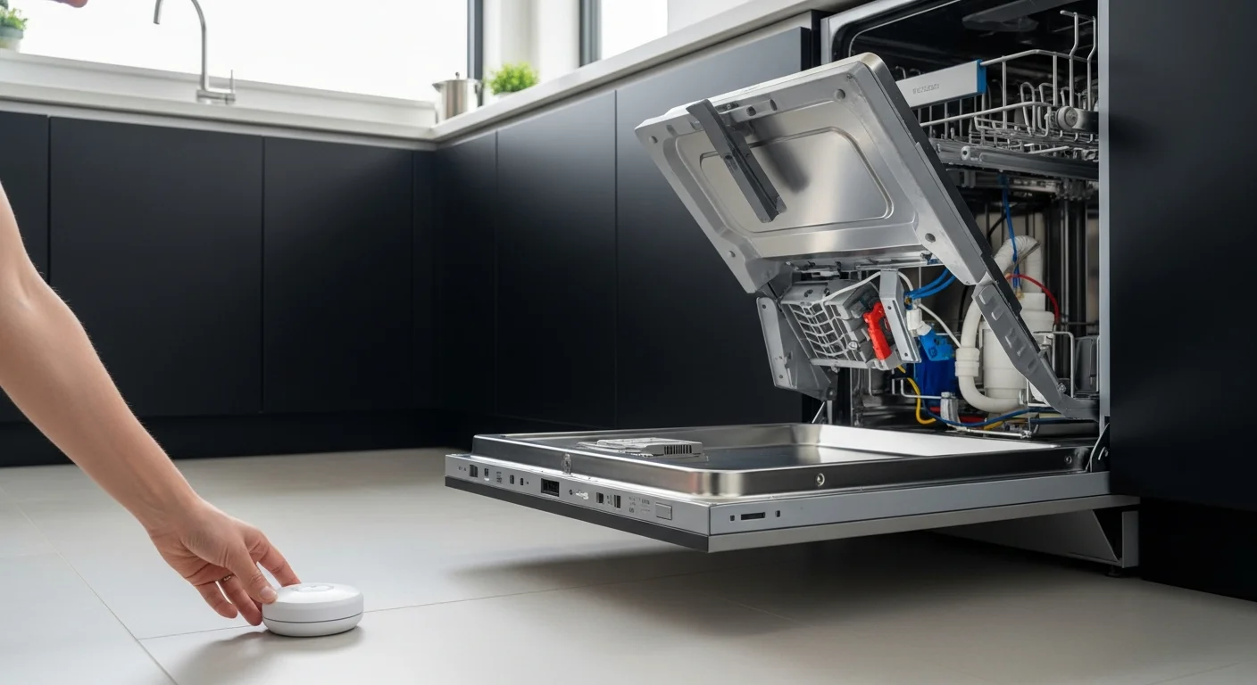 A smart water leak detector being placed under a dishwasher, with the dishwasher pulled out for installation, modern kitchen — dishwasher leak water damage
