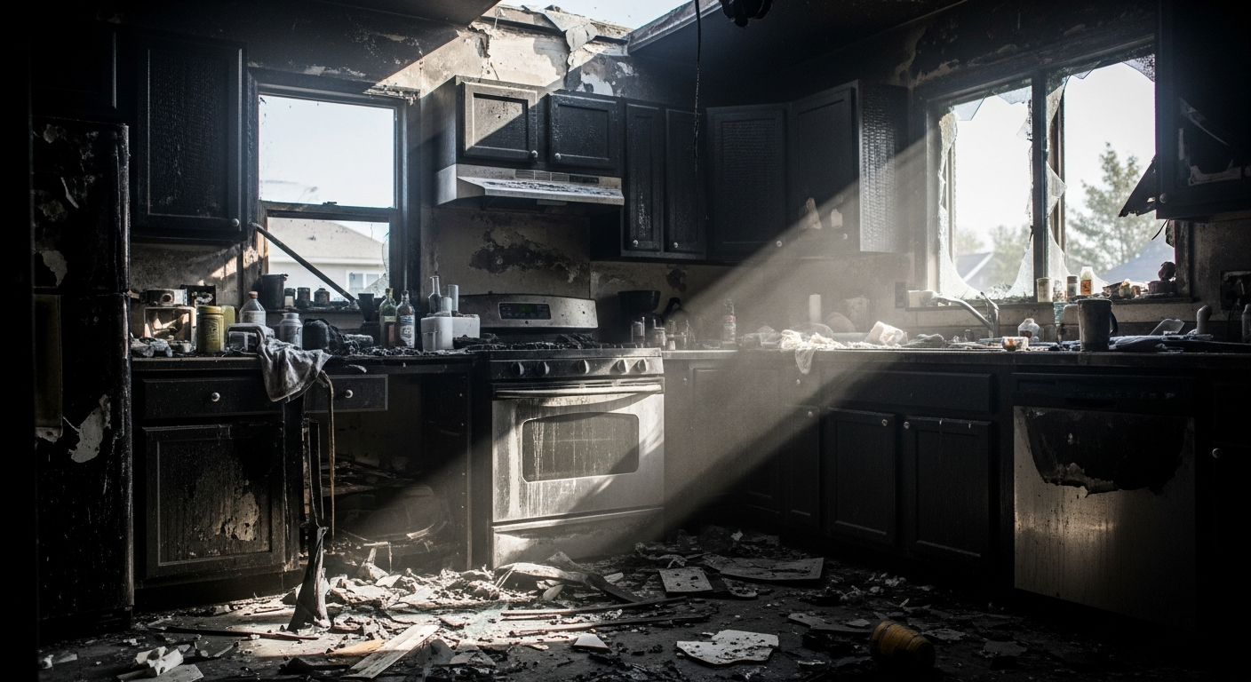 A fire-damaged residential interior with charred kitchen and soot-coated surfaces, daylight through broken window, , realistic editorial lighting — diy fire damage cleanup
