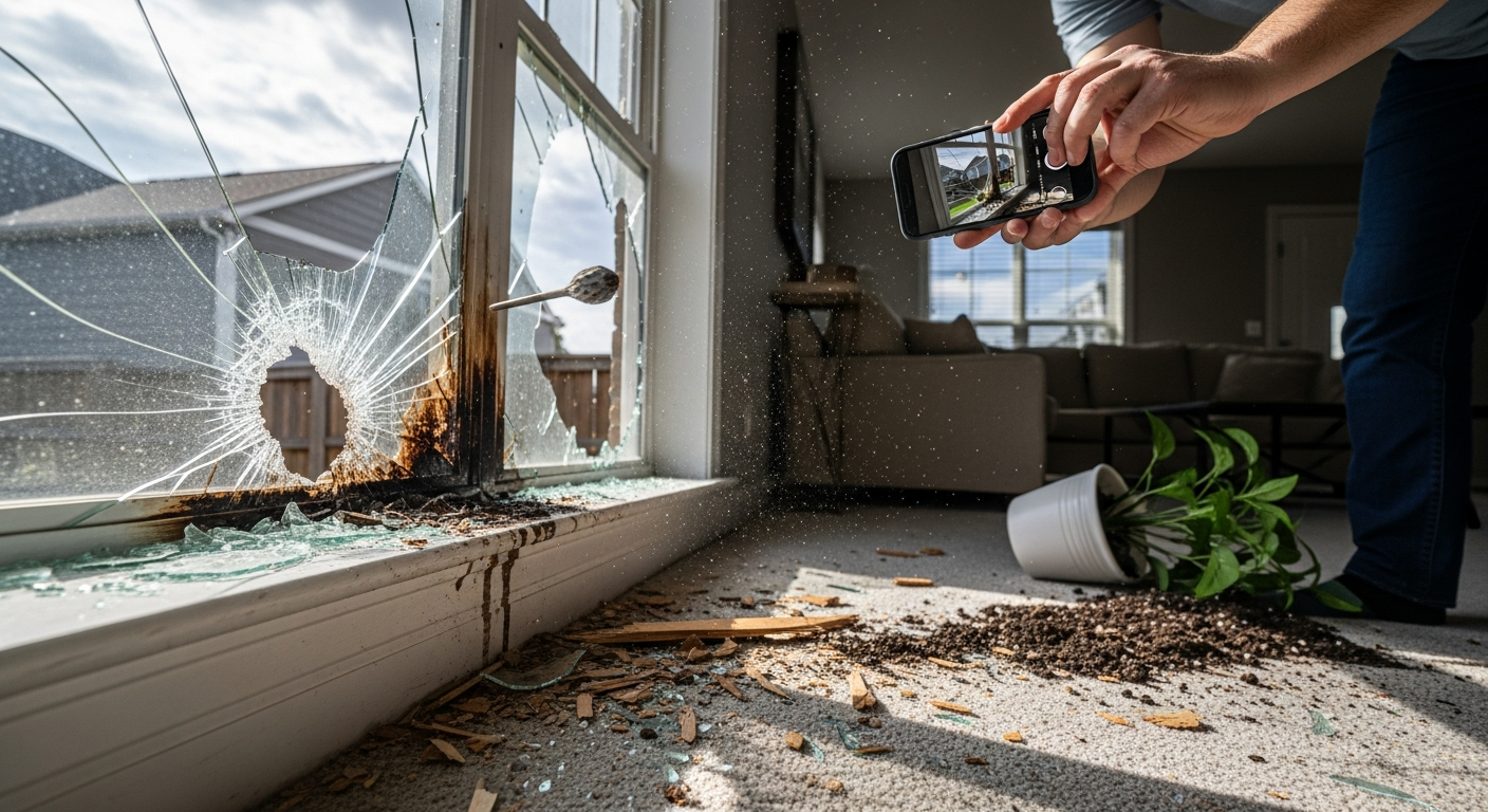 Homeowner using a smartphone to record video of a broken window and debris for an insurance claim