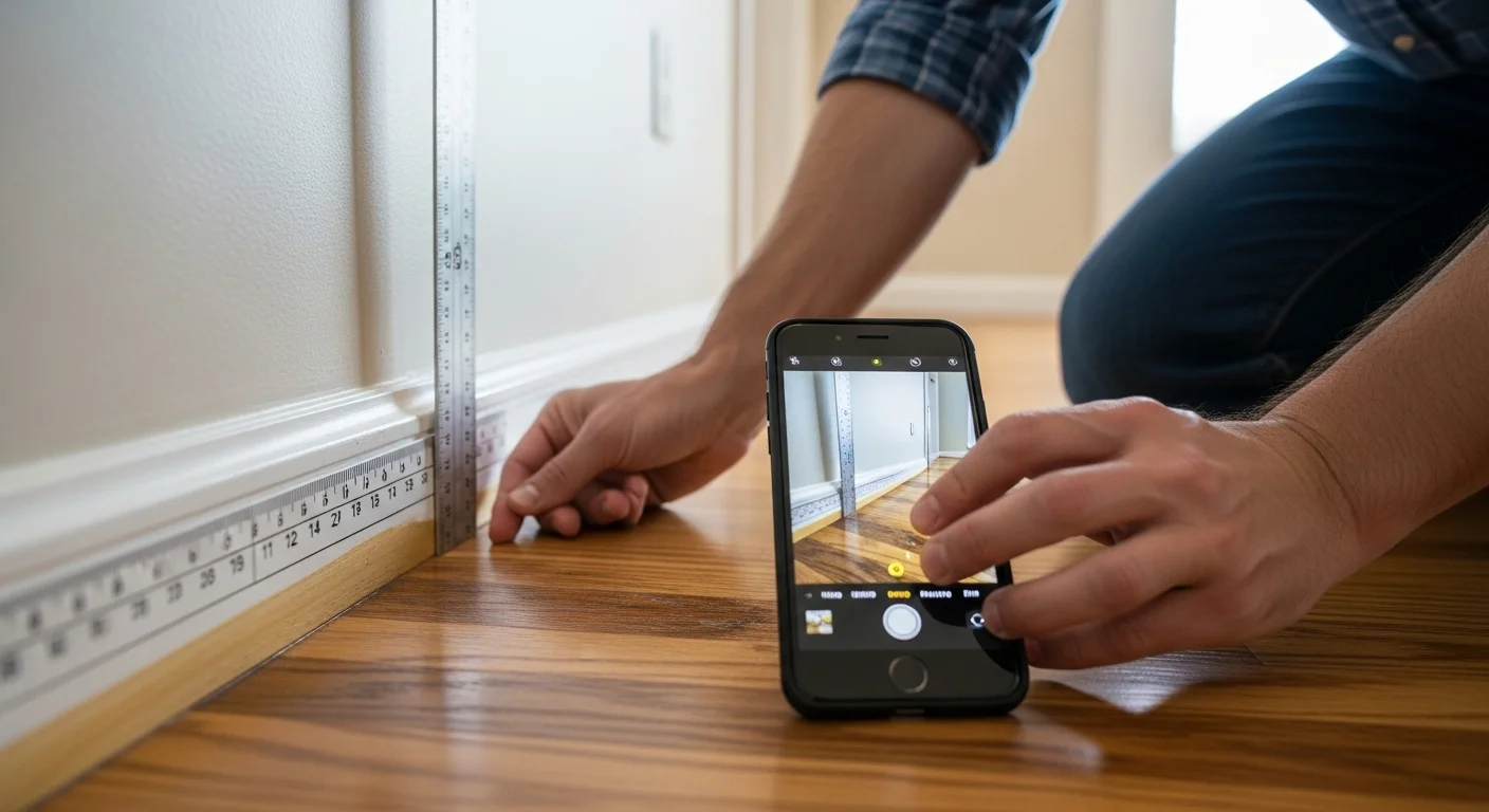 Homeowner using smartphone to photograph water damage with a ruler showing flood level on the wall