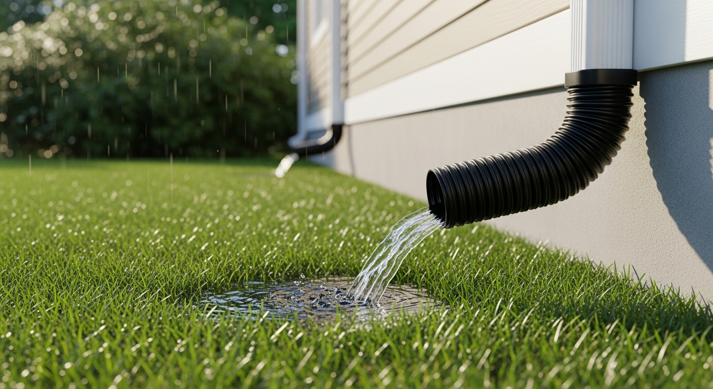 Black corrugated downspout extension pipe discharging rainwater safely away from a home's foundation