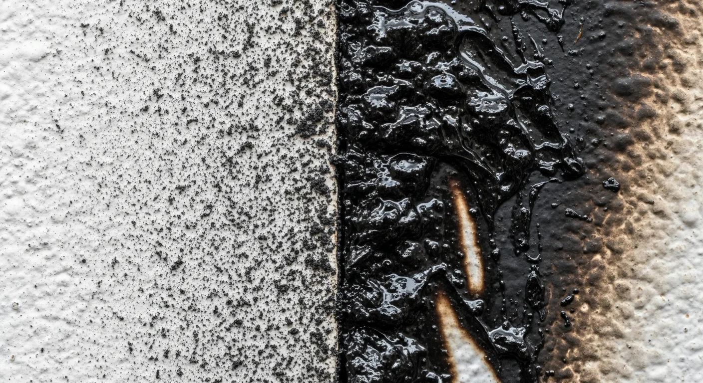 Close-up comparison of dry powdery soot and greasy wet soot residue on a painted wall