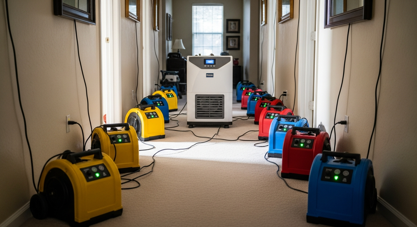 Hallway lined with commercial air movers and dehumidifier during active structural drying after water damage