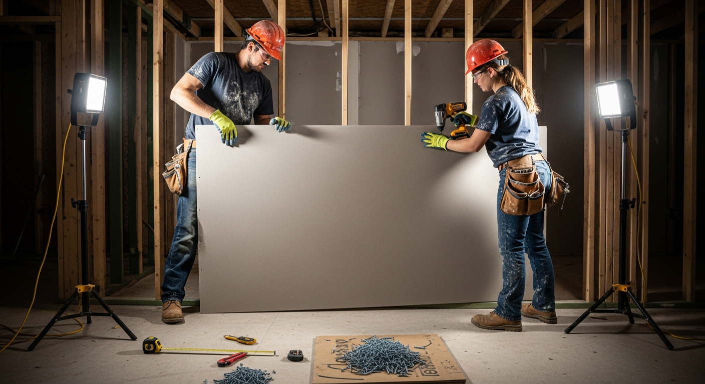 Construction crew installing new drywall during home reconstruction after water damage
