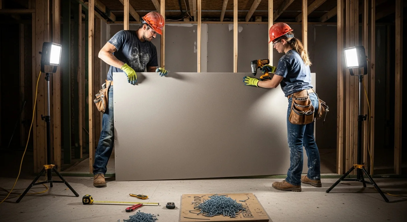 Construction crew installing new drywall during home reconstruction after water damage
