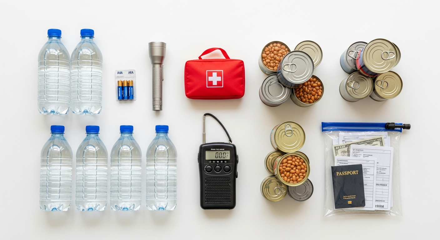 Organised hurricane emergency supply kit with water, flashlight, batteries, first aid, and weather radio