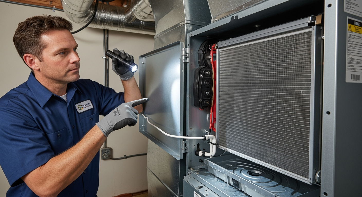 HVAC technician inspecting an indoor air handler unit for mold on the evaporator coils