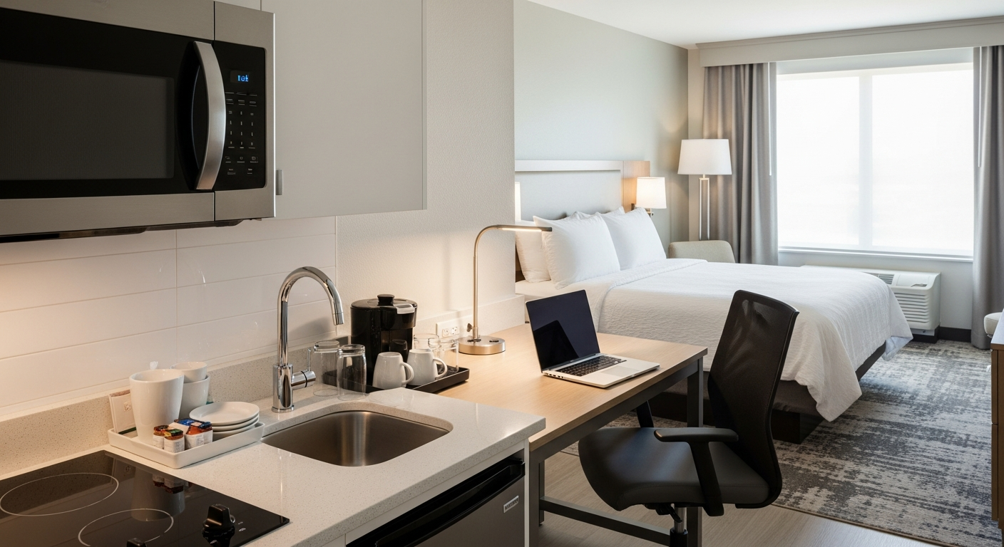 Modern extended-stay hotel room featuring a small kitchenette, desk, and bed