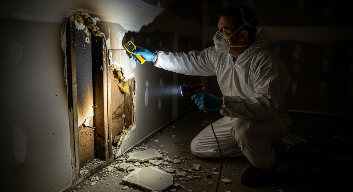 A restoration technician in white ppe inspecting smoke-damaged drywall with a moisture meter and inspection light