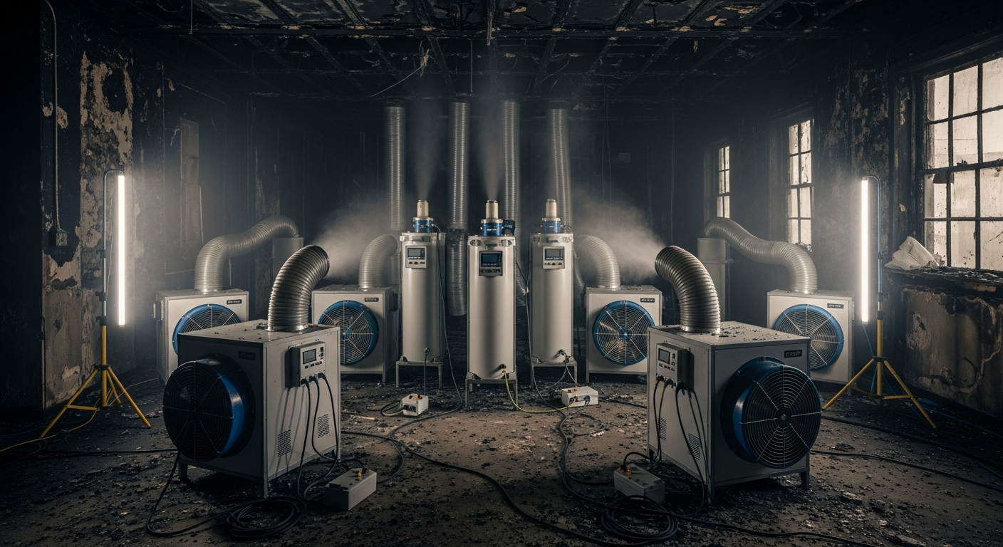 Industrial hydroxyl generators and hepa air scrubbers running in a smoke-damaged room