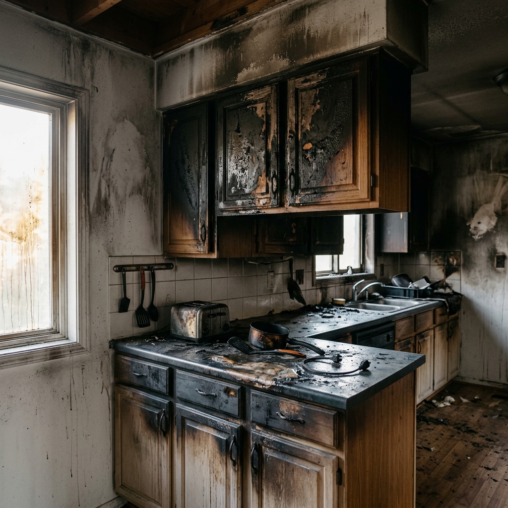Fire-damaged residential kitchen showing charred cabinets and smoke-stained walls awaiting restoration