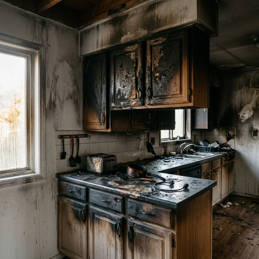 Fire-damaged residential kitchen showing charred cabinets and smoke-stained walls awaiting restoration
