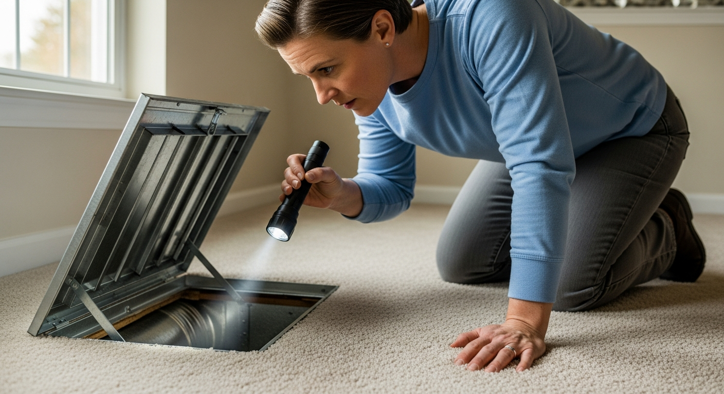 Homeowner shining a flashlight into an HVAC floor register vent to inspect for mold