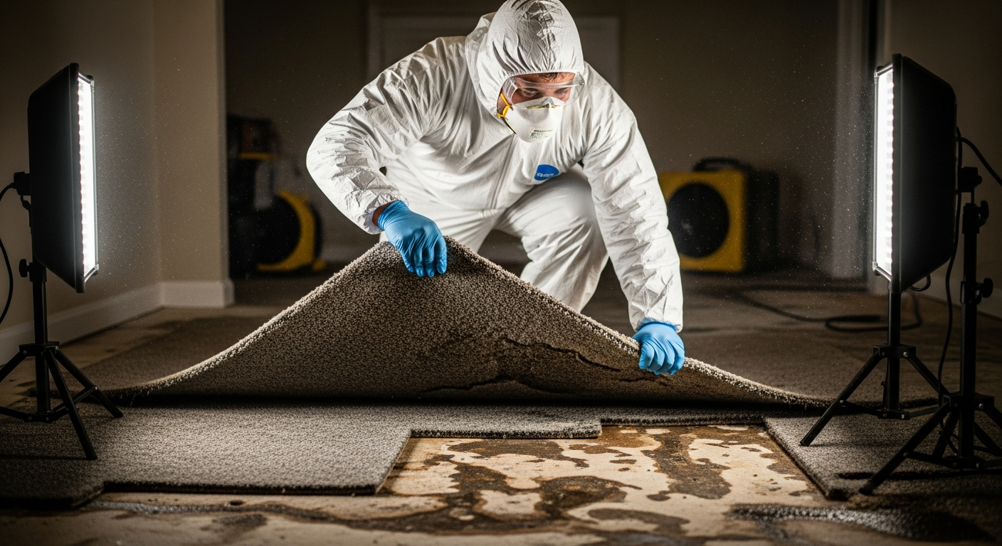 Restoration worker removing flood-damaged carpet and padding from a residential room