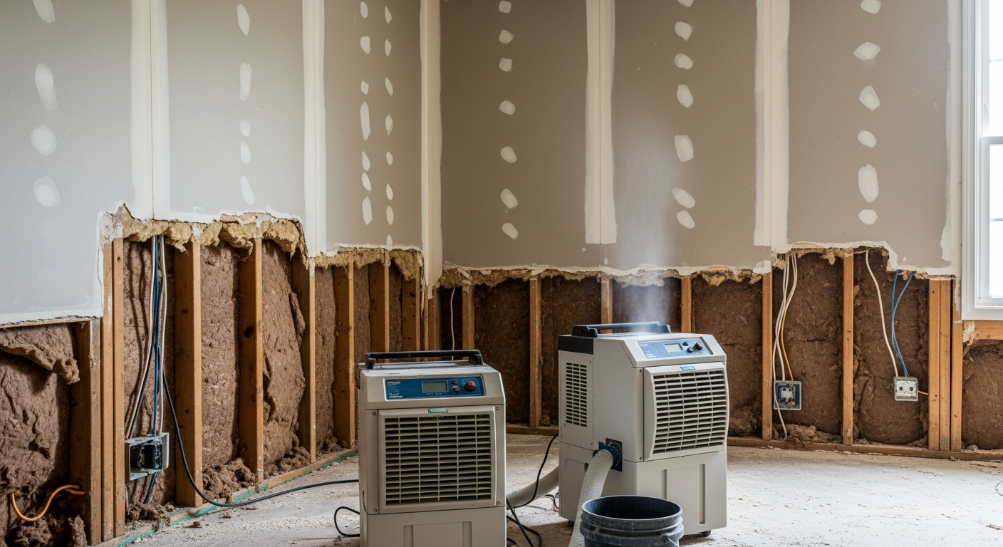 Room with flood-damaged drywall cut and removed above the flood line, exposing wall studs during restoration