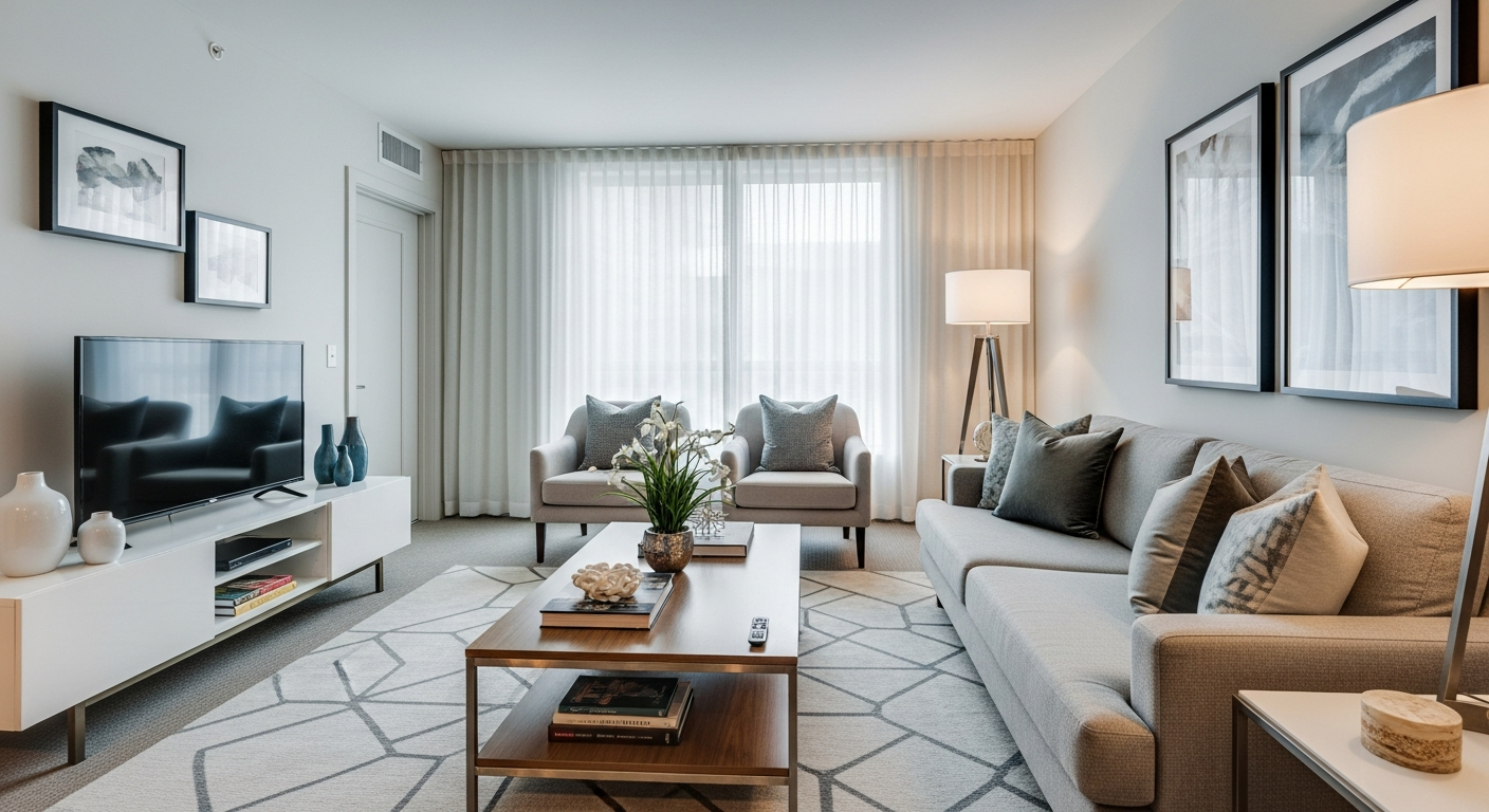 Clean, bright, furnished short-term corporate apartment living room ready for move-in