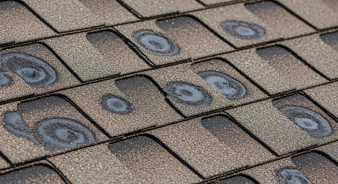 Close-up of asphalt roof shingles showing hail damage with granule loss exposing the black mat underneath