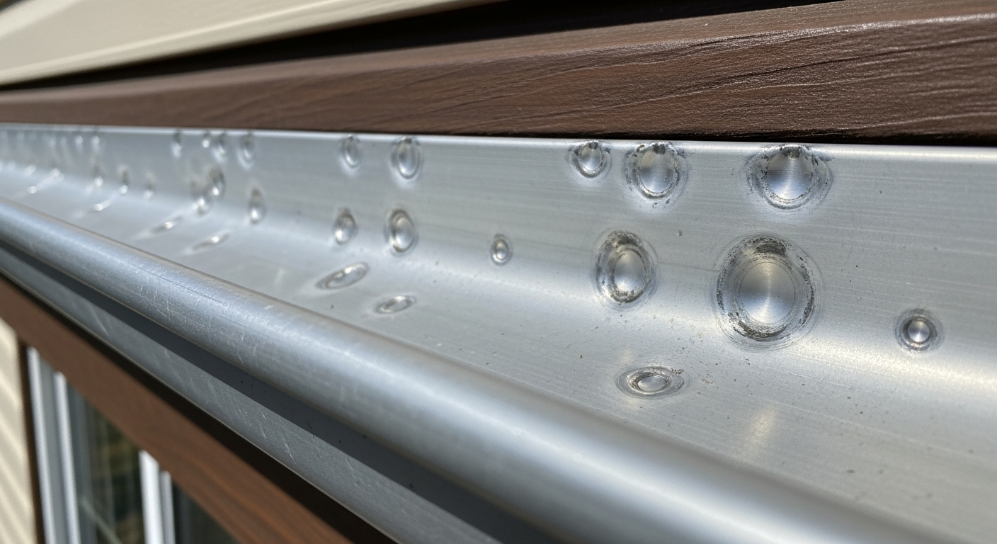 Residential rain gutter showing multiple round dents from hail impacts