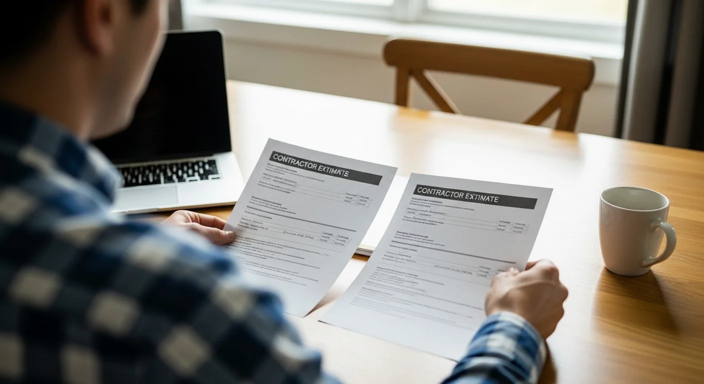 Homeowner at a kitchen table comparing two printed restoration estimates side by side with a laptop