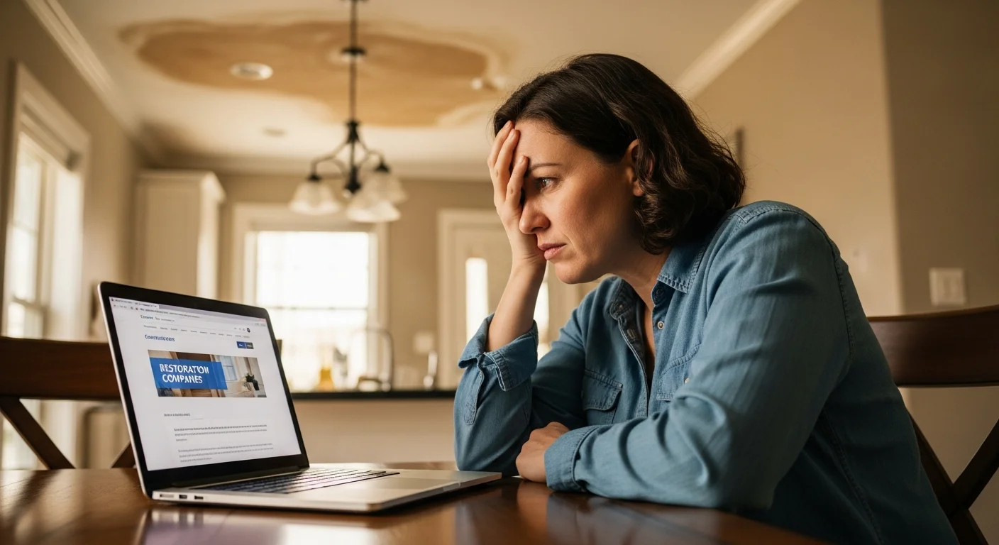 Homeowner at a laptop comparing national restoration company websites while sitting in a partially water-damaged room