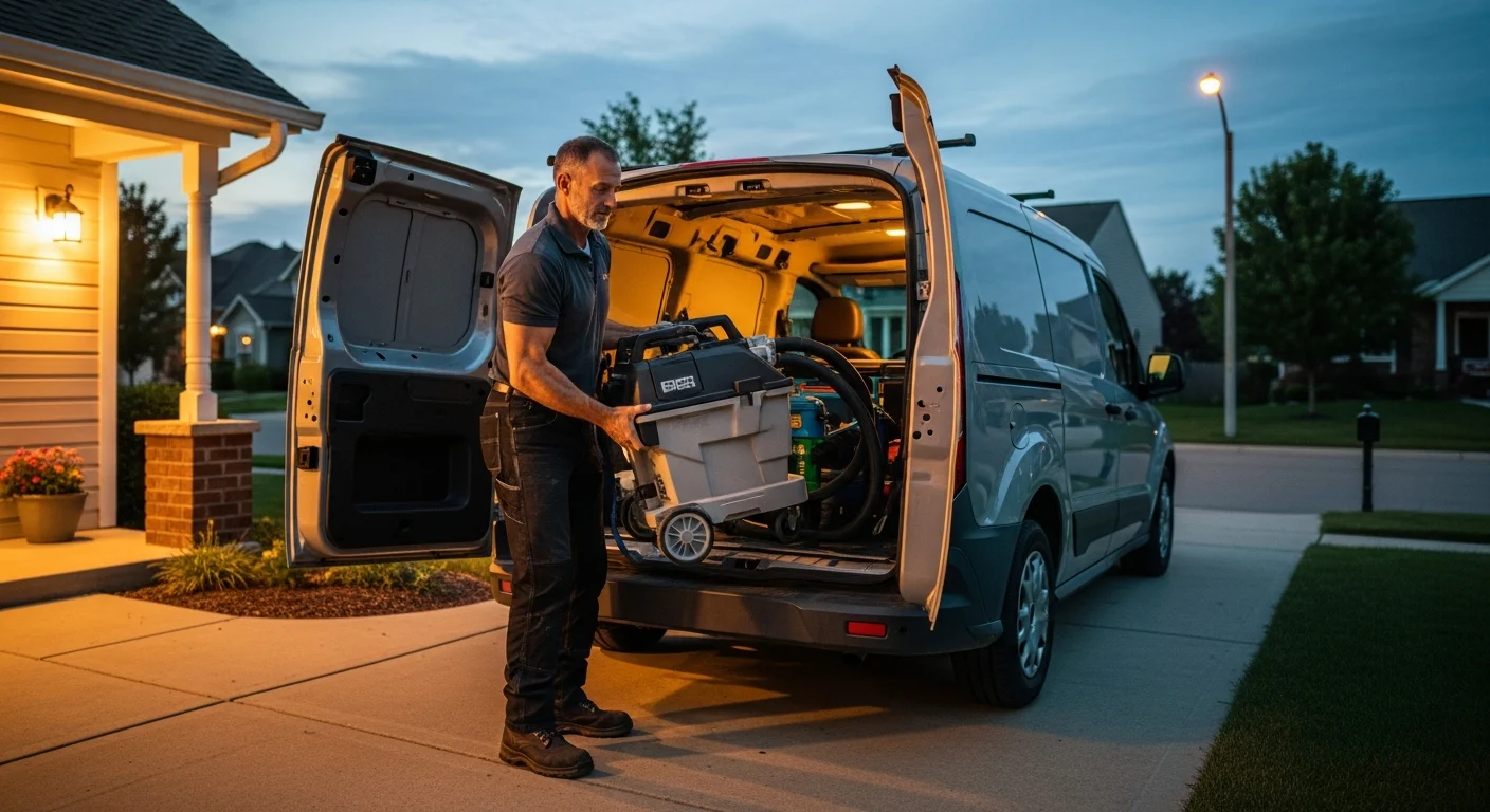 Local independent restoration contractor loading a water extractor into his work van in a residential driveway at dusk
